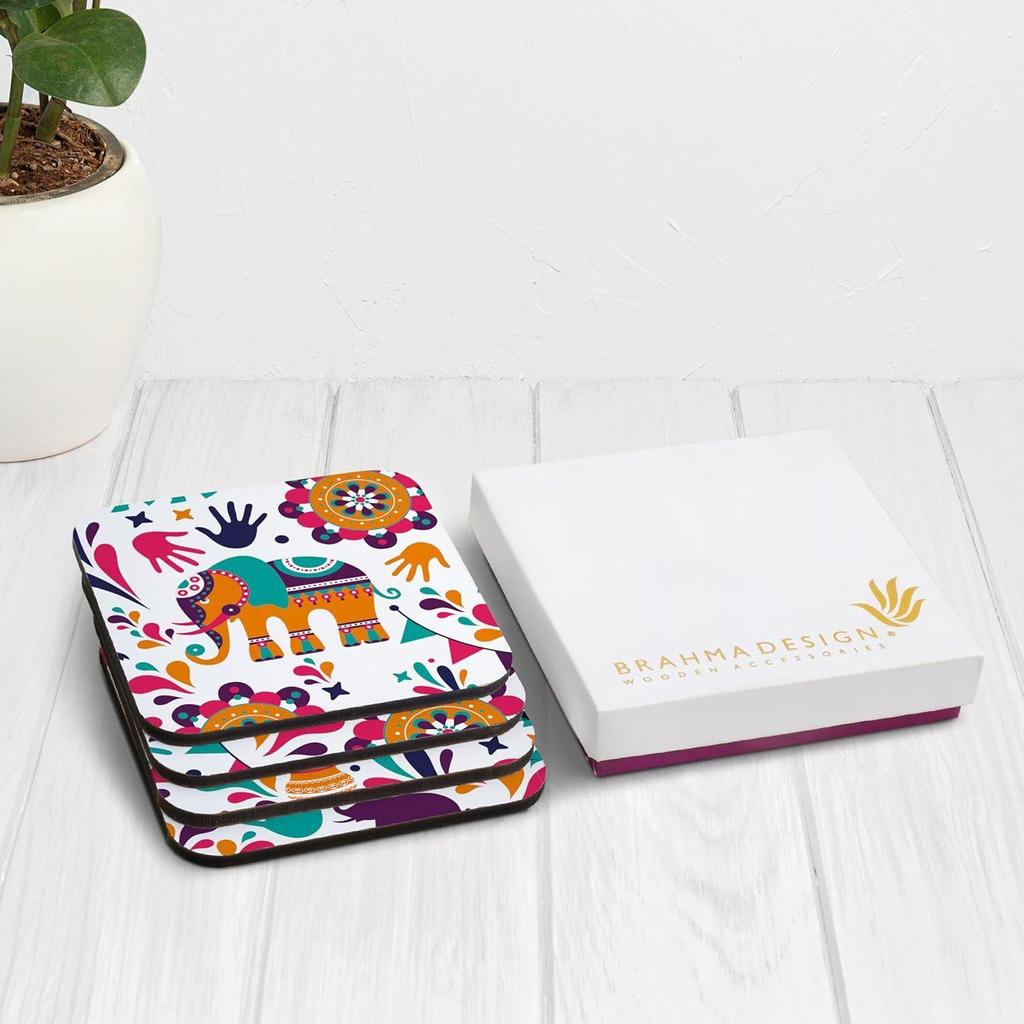 Set mit Geschenkbox, indisches Design, 4er-Set quadratische Untersetzer für den Tisch, 9,5 x 9,5 cm, Küchentisch, Holz-Dekorationsartikel für Tassen, Becher, Dosen, Gläser