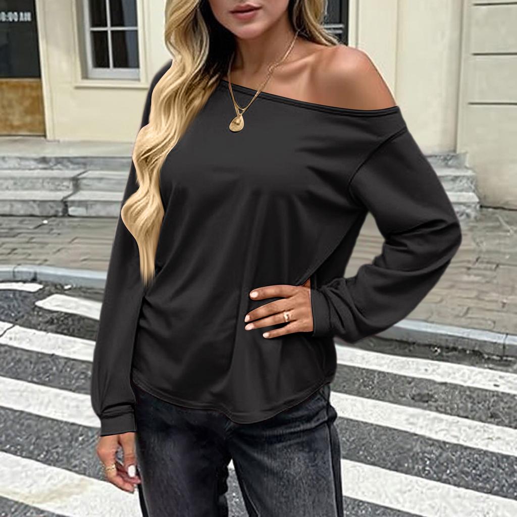 Women's Loose Fashion Off-the-shoulder Slant Collar Batwng Sleeve Long Sleeve Top