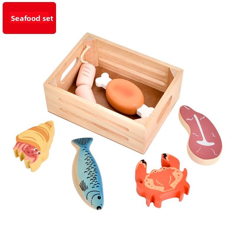 Wooden Kitchen Play Set With Fruits Vegetables Seafood And Desserts For Early Education Kids