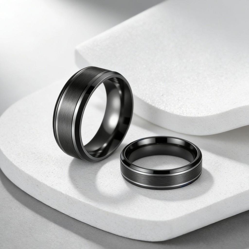 Matte Bevel Stainless Steel Couple Ring - 8/6mm Wide, 18K Gold Plated