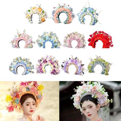 Colorful Flower Headband Double-sided Crown Hair Wreath Wedding Party Costume Headpiece for Bridal Women Hair Accessory
