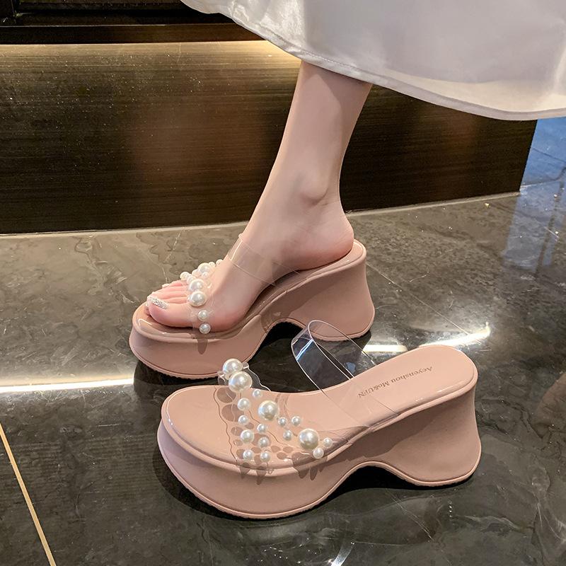 Summer new one-word strap transparent sexy high-heeled slippers women's waterproof table pearl slope heel cool slippers fashion