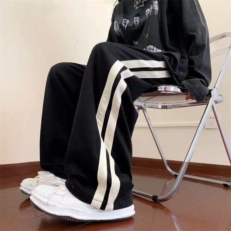 Men's Autumn Striped Patchwork Casual Pants - Hong Kong Style Trendy Loose Straight-Leg Wide-Leg Long Pants for Teenagers