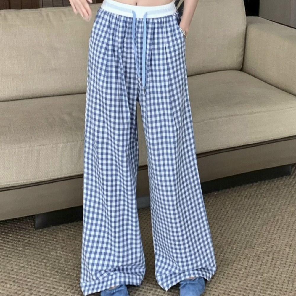 High Waist Plaid Pants Women Thin Y2K Drawstring Pants Comfort Straight Leg Pants  Summer
