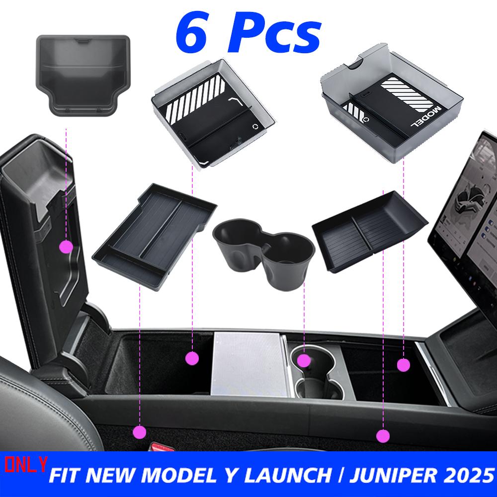 TEKSY 1/2/3/4/6/7/8pcs For Tesla New Model Y 2025 2026 Juniper ABS with Silicone Non-slip Mat Console & Armrest Storage Box