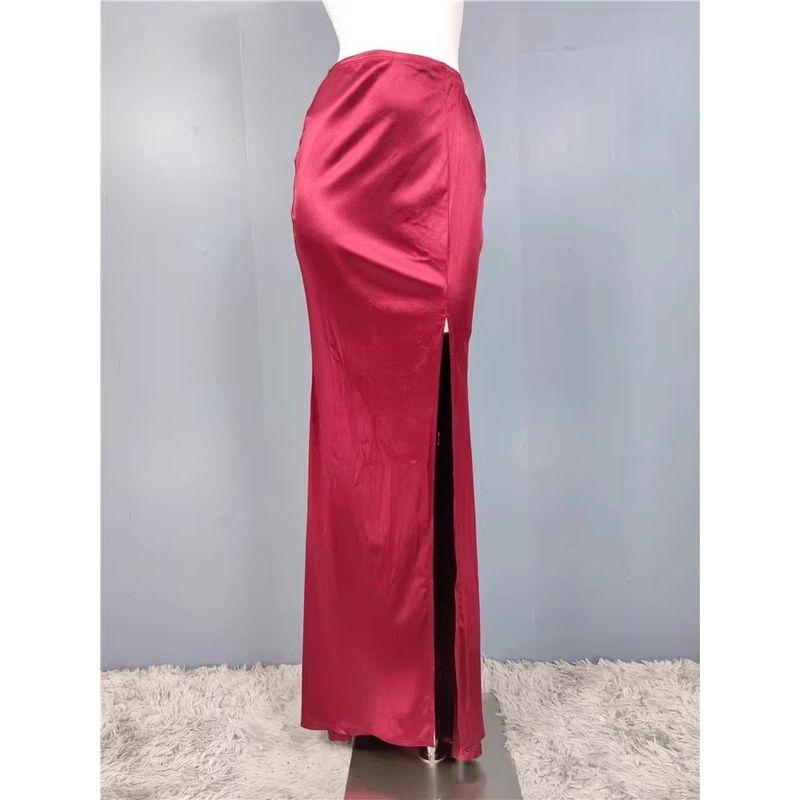 

Export Single French Plaid Comfortable Satin Long Sleeve a Word Retro Sexy Fashion High Waist Fishtail Slimming Skirt Burgundy XL
