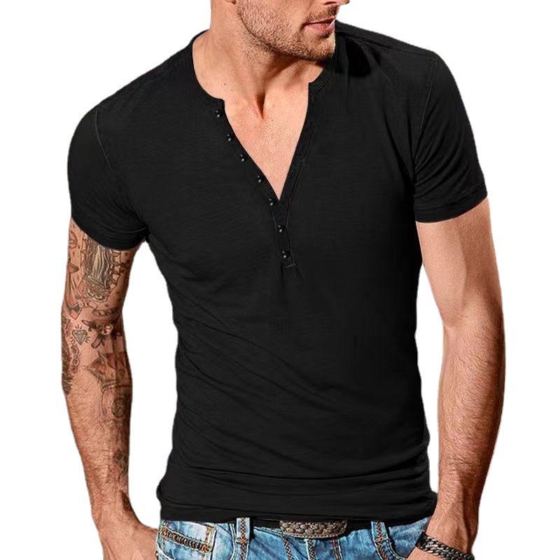 Summer New Men's Casual Henry V-neck Short-sleeved T-shirt Men's Slim-fit Sports Base Shirt Top Men