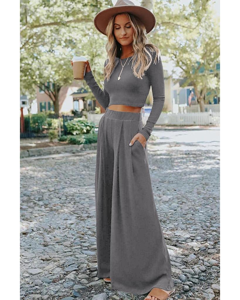 Azura Exchange Set Crop Top Gri cu Coaste și Pantaloni Lungi