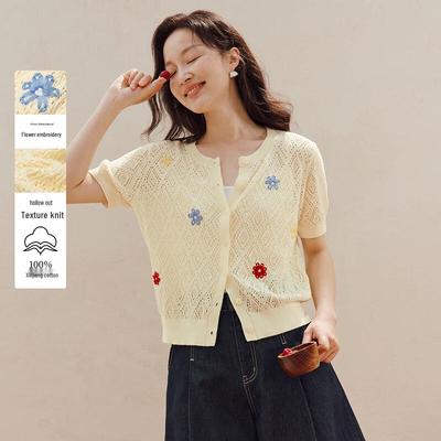 INMAN Damen Kurzarm-Strickjacke mit floraler Stickerei aus Baumwolle aus Xinjiang