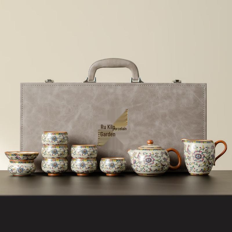 Shengbizi Ru Kiln Enamel Scrolling Lotus Tea Set
