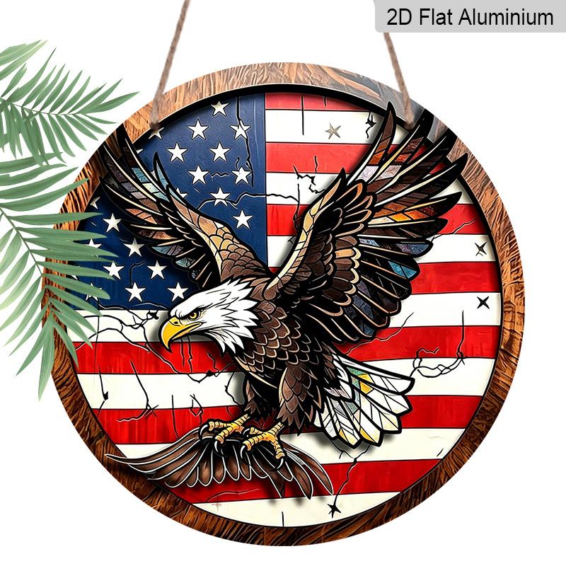 2D Flat Retro Round Aluminum Wall Hanging, Independence Day Flying Eagle Design, Indoor Outdoor Wall Decor, Home Commemorative Gift