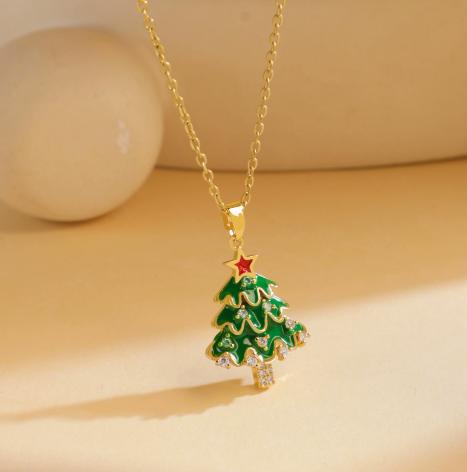 754 Weihnachtsbaum-Halskette mit Anhänger in Goldton, Festlicher Feiertags-Schmuckgeschenk für Frauen