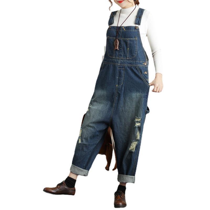 Worn Light-colored Sling Jeans Women's Casual Loose Denim Wide-leg Pants