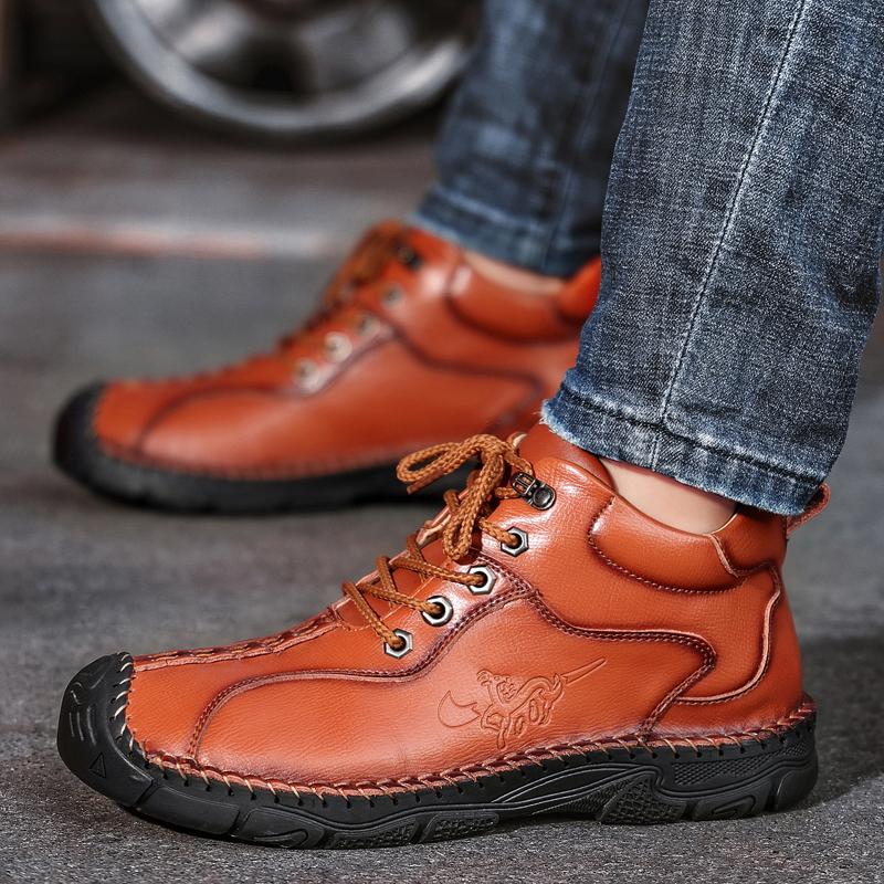Brown Handmade Leather Men Boots Outdoor Design Sneakers Man Breathable Casual Leather Shoes Men Ankle Boots Fall Plus Size 48