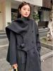 **Pusu Double-Faced Wool Coat: Black, Waist-Cinching Scarf-Integrated Design for Women**