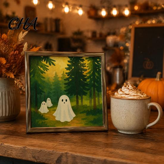 Spooky Fireplace Shelf Accents Halloween Ghost/Witch/Skeleton Decorative Painting, Wall Mount Square Wood Frame Wooden Decor Picture for Home Tabletop