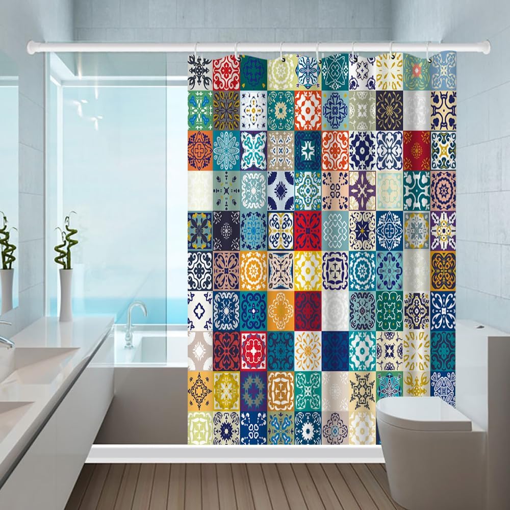 Boho Patchwork Shower Curtain - 72x72Inch Fabric Bohemian Patchwork Colorful Flower Vintage Moroccan Shower Curtain Set with Hoo