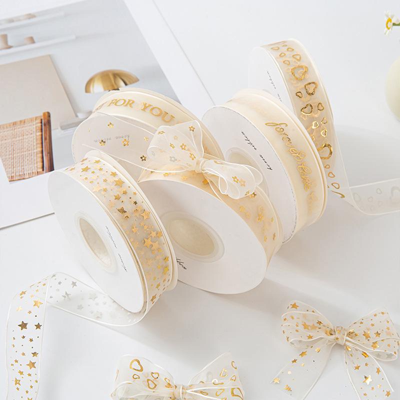 10Yards/Roll Hair Bows DIY Craft Gold Foil Snow Yarn for Gift Wrapping 2.5cm Organza Ribbon Printed Silk Ribbons