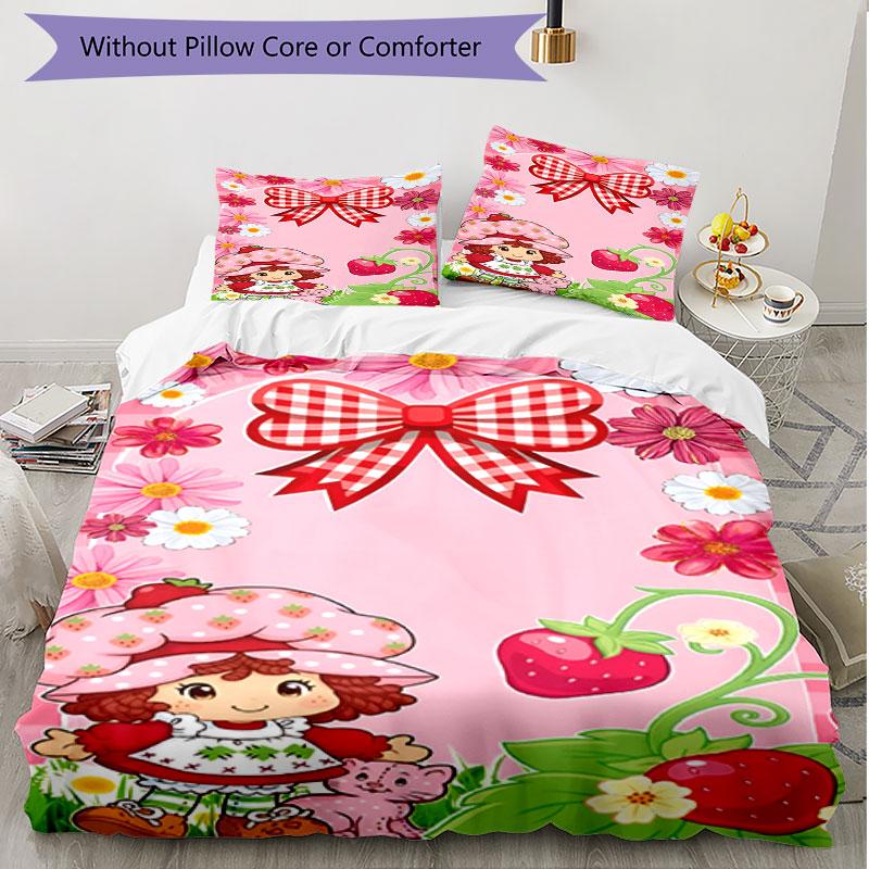 3pcs Duvet Cover Set (1*Duvet Cover + 2*Pillowcase, Without Core), Strawberry Shortcake Print Soft All‑Season Bedding Set, Home Bedroom Decor Gift