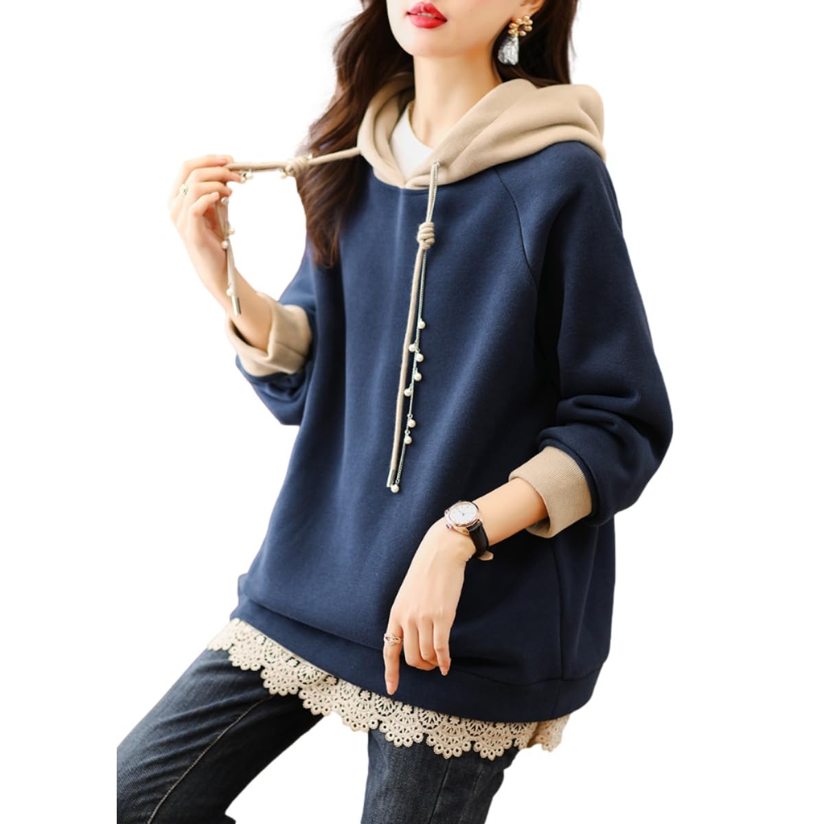 

Lopis Hooded Pullover with Lace and Long Faux Loose and Flattering Navy x Women s Sleeves, Pearls, Cute, Elegant, Fit, (JP, Alphabet, 2XL, Beige)
