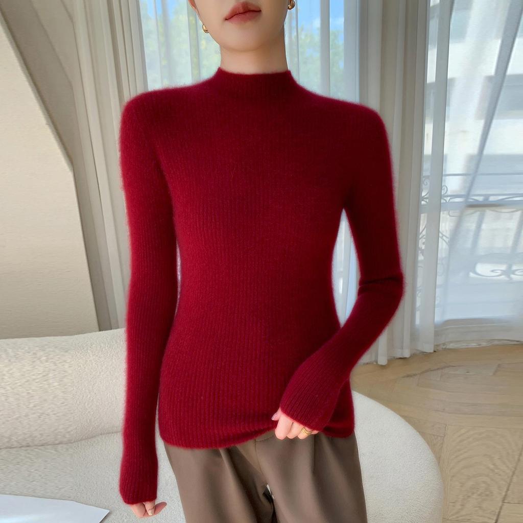 2025 Autumn/Winter High Neck Striped Cashmere Knit Slim Fit Sweater