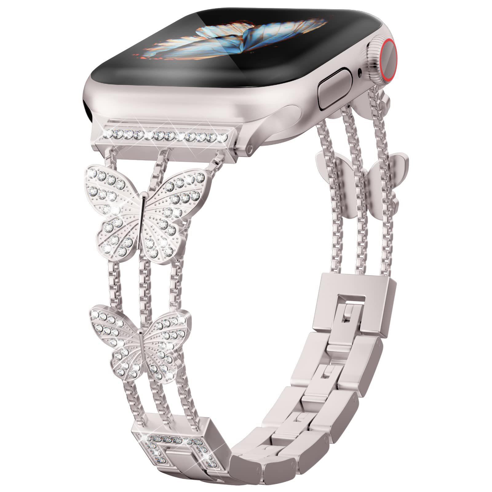 Elegant and fashionable butterfly diamond ladies watch strap for Apple watch, shiny butterfly diamond inlaid metal watch strap 38 40 41MM