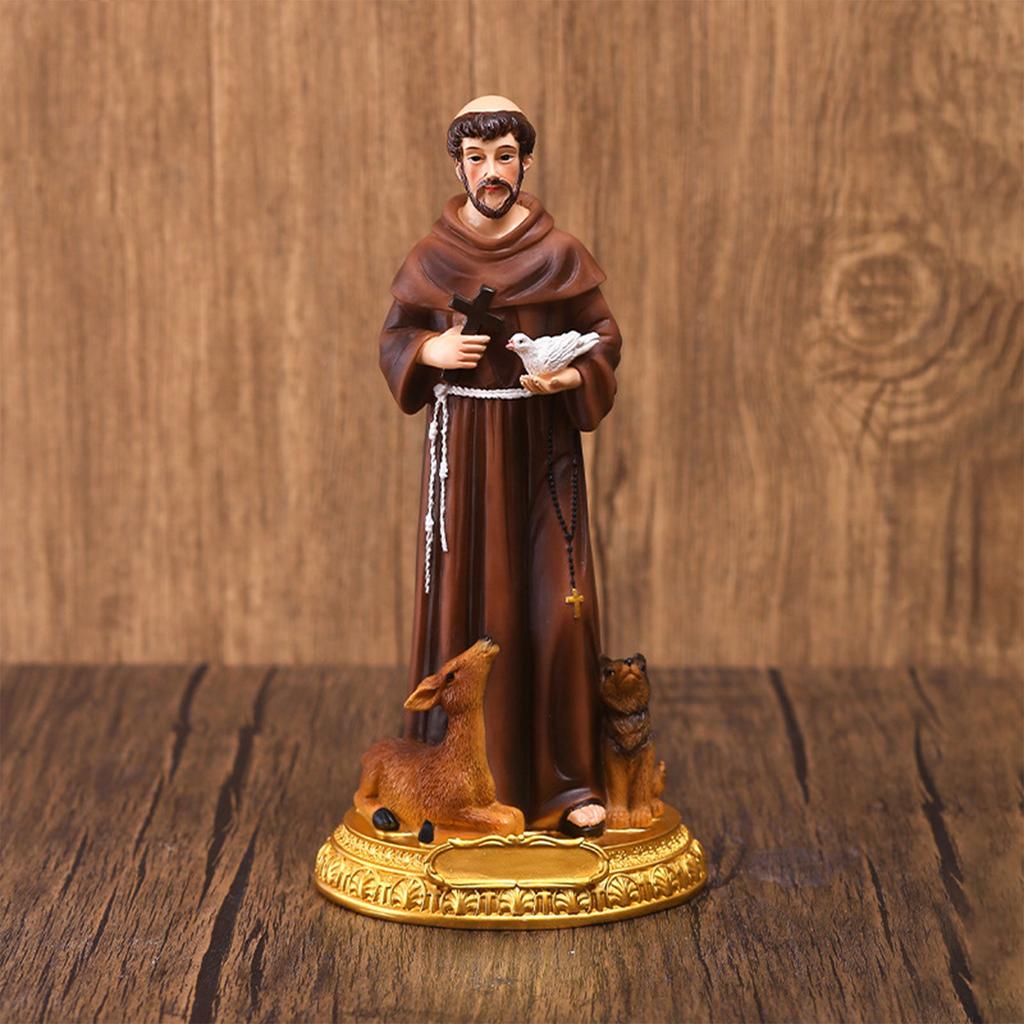 Catholic Hand-Painted Saint Francis Resin Statue with Bird Cross Ornaments for Home Decorations Collection Gift