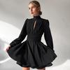 European and American Chiffon New High Neck Long Sleeve High Waist A-Line Dress Fashion Short Dress for Women