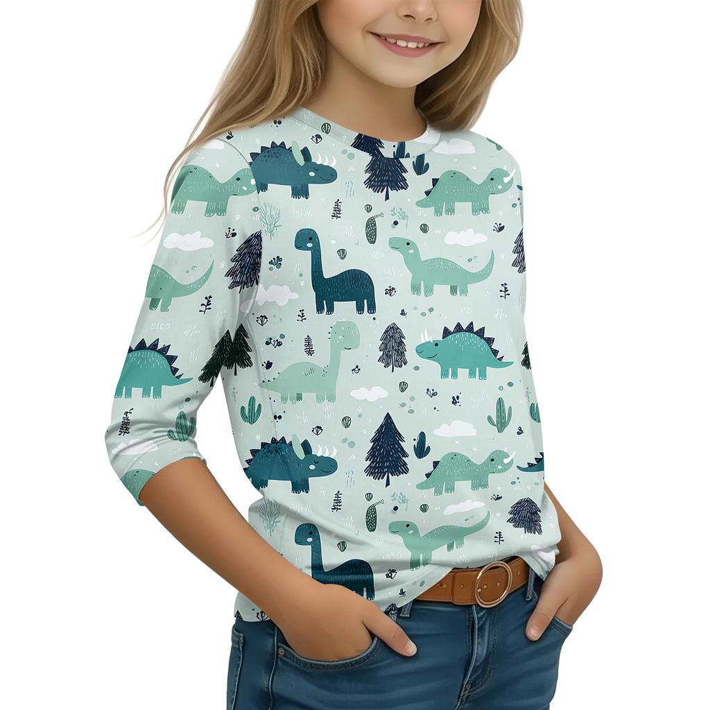 Children's Three-Quarter Sleeve Round Neck Top with Animal Print for Casual Daily Wear