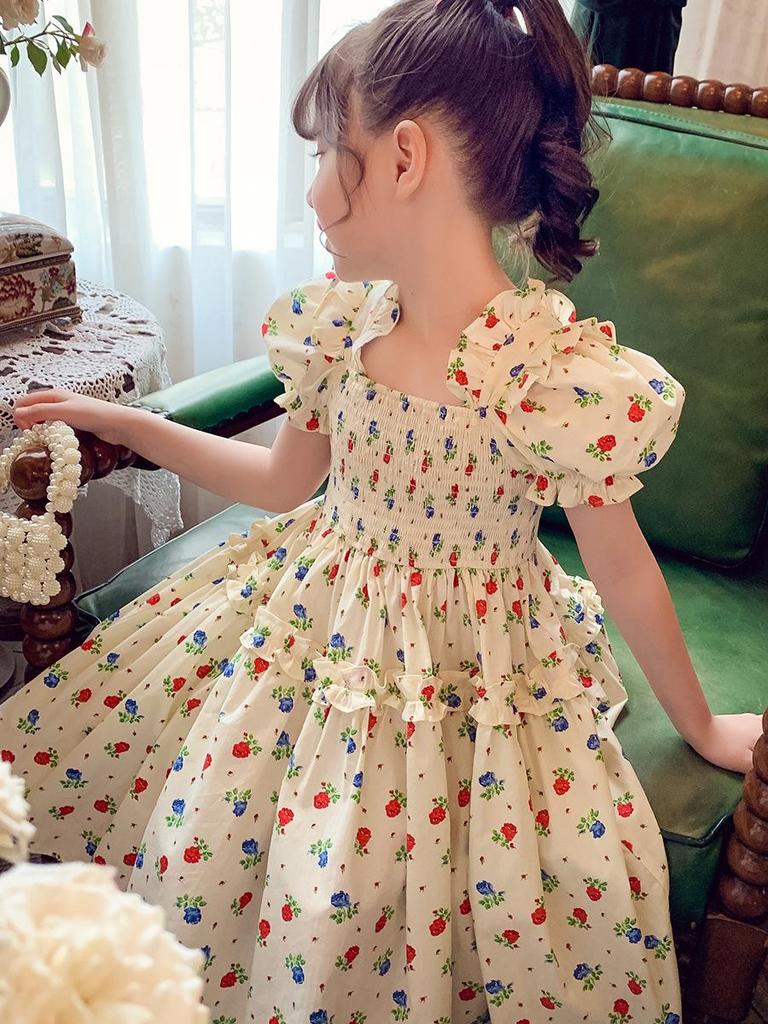 Clearance: Girls' Floral Smocked Short-Sleeve Dress - Summer 2025 Korean Style