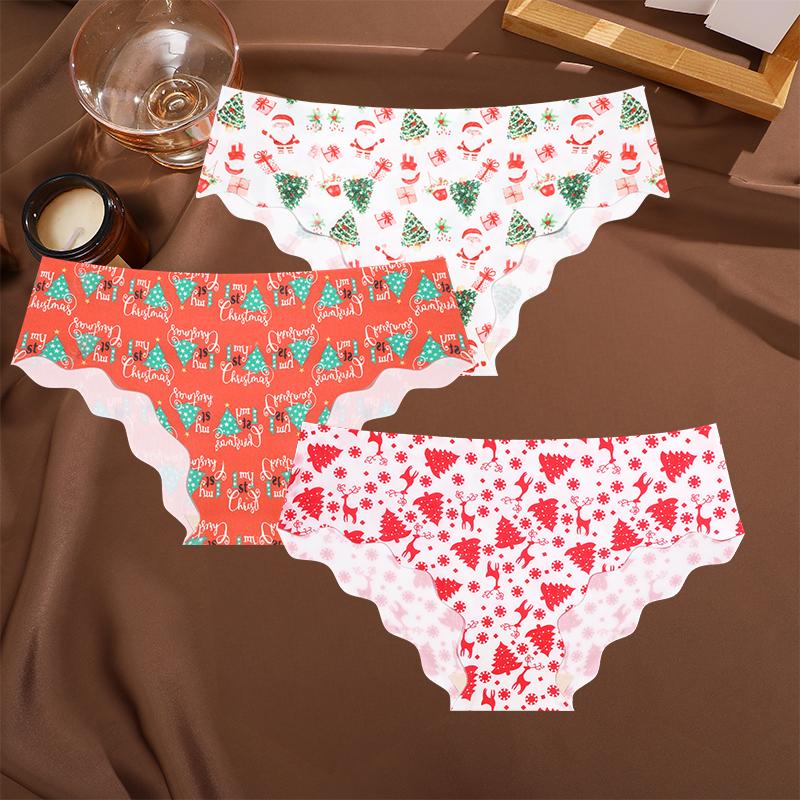 

FINETOO 3 шт./комплект рождественские трусики со снежинками и Санта-Клаусом сексуальное дышащее женское нижнее белье с низкой талией волнистые узоры трусики Счастливого Рождества L&Set