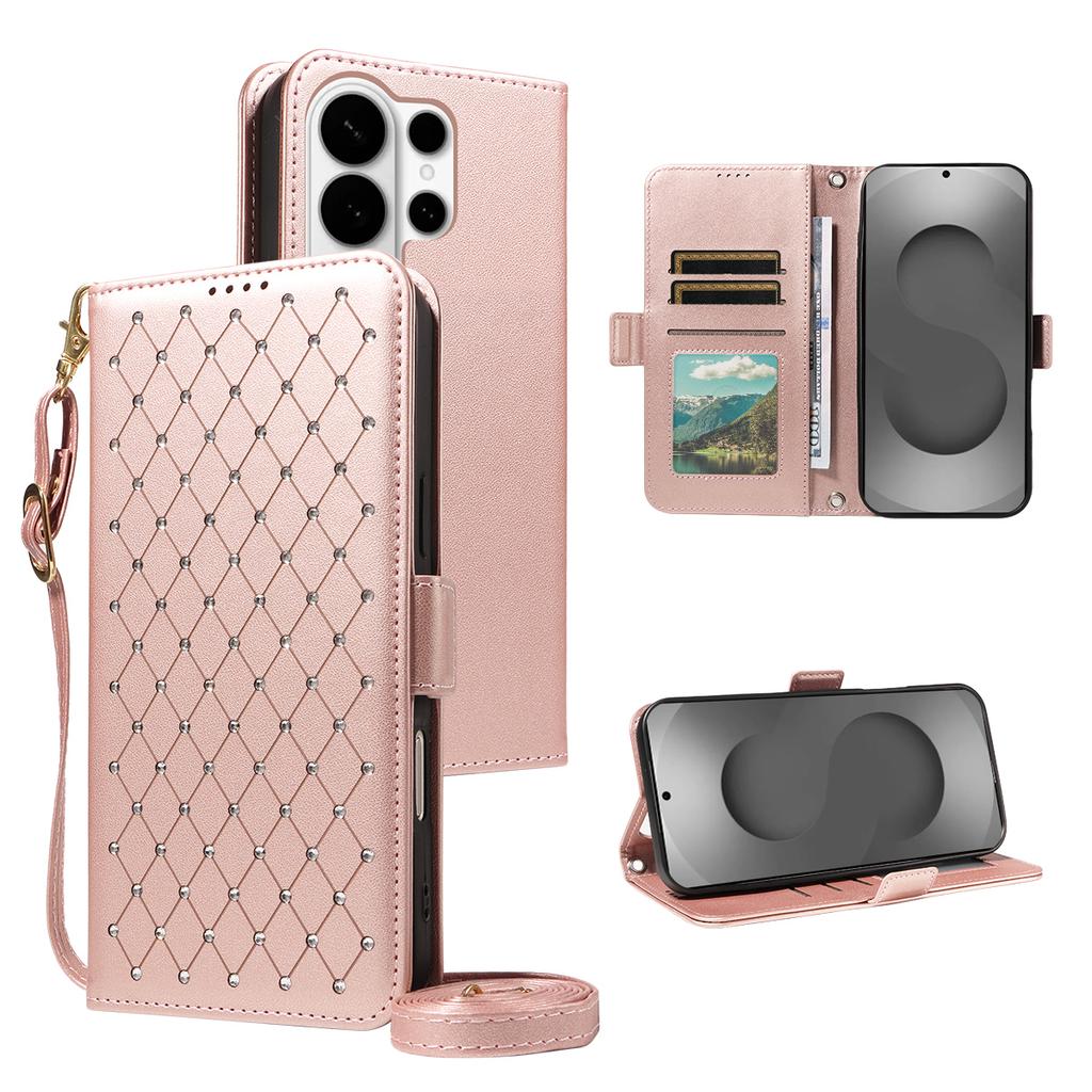 Crossbody Wallet Leather Magnetic RFID Phone Case For Samsung S26 Ultra S25 Plus S24 A36 A56 A17 A07 Diamond Long Lanyard Cover