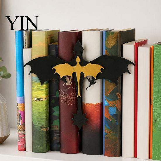 Decorative Shelf Accents Double Dragon Bookends, Vintage Fantasy Flying Bookshelf Decor, Stable Office Desk Ornament Sculpture Book Stopper
