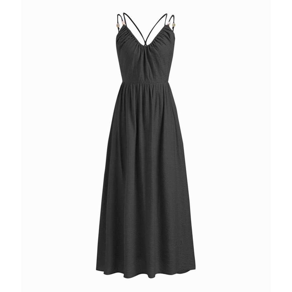 Sleeveless V Neck Maxi Dress with Adjustable Straps Flared Hem Casual Summer Holiday Dress Lightweight Loose Fit Long Dress for Women
