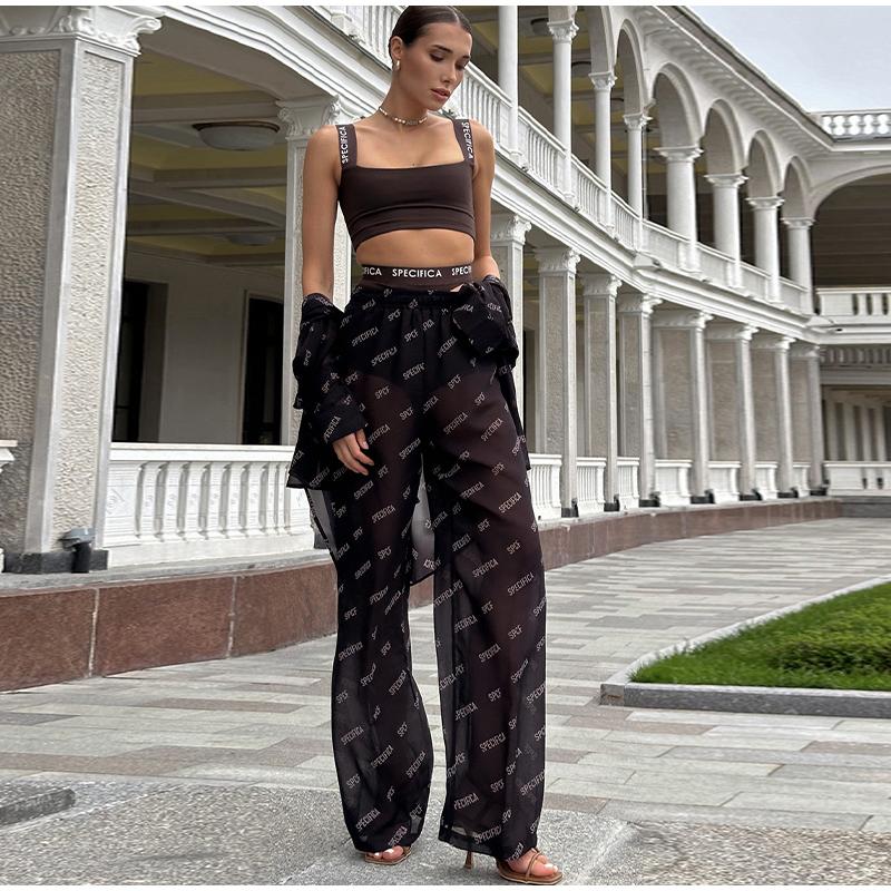 Summer Female 2 Piece-Set Trousers Casual See-Through Holiday Cardigan and High Waist Women's Pants Outfits Tracksuit 2025