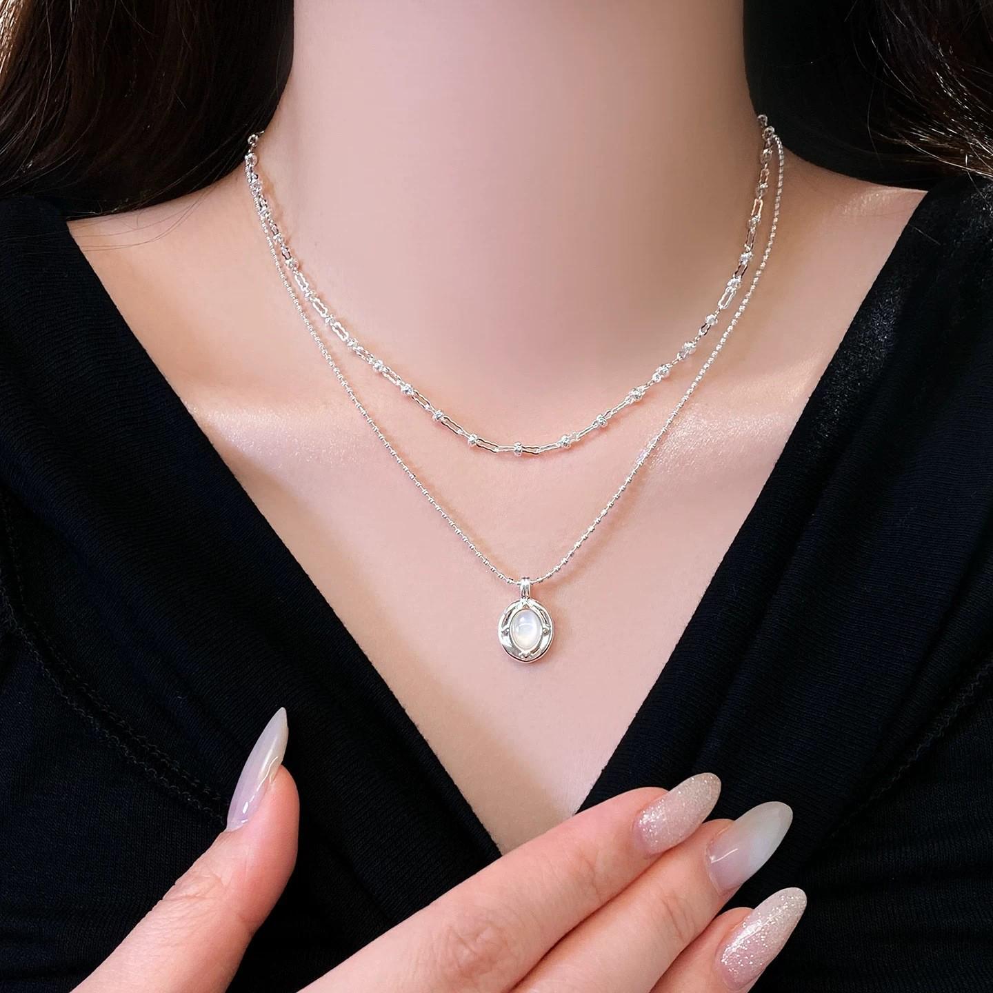 Exquisite French Mother-of-Pearl Oval Pendant Double Layer Necklace