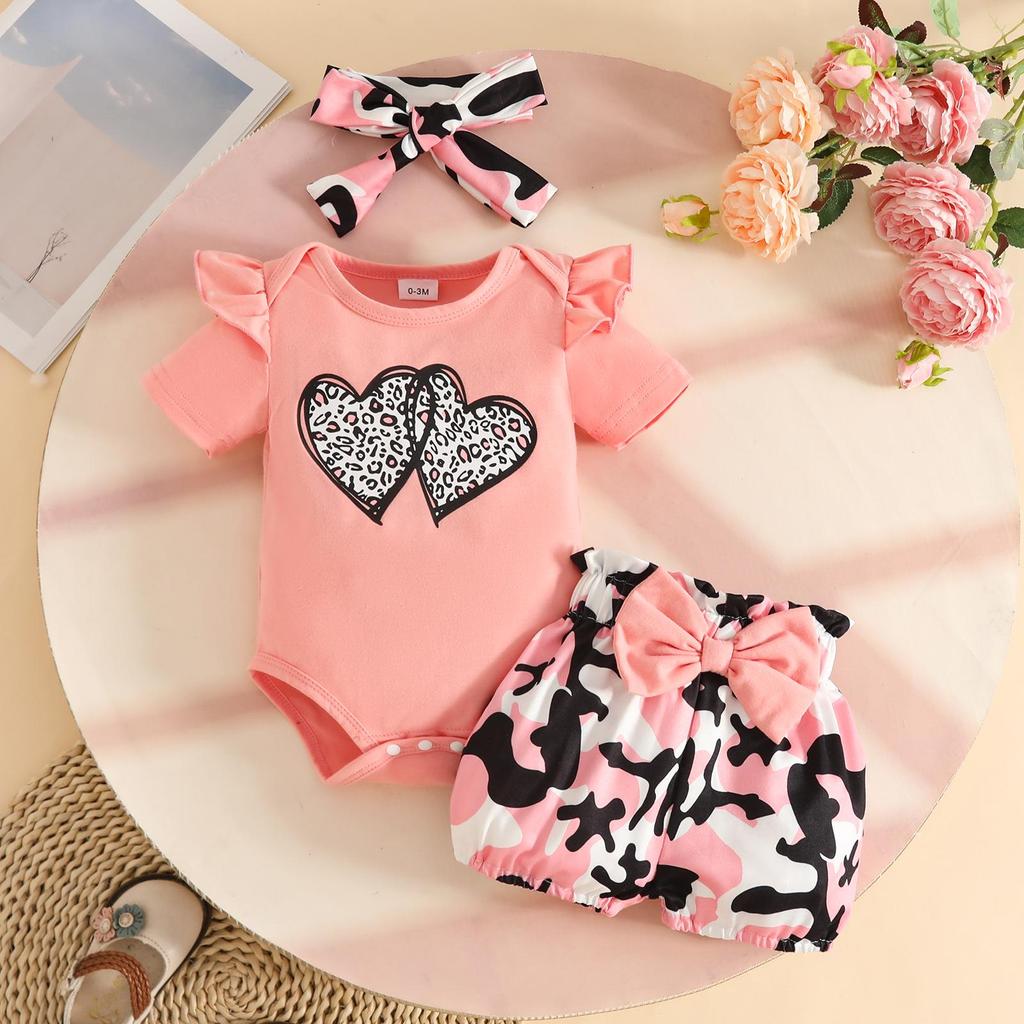 Baby Girl Summer Romper & Shorts Set - "Letter" Top with Belted Flower Pants