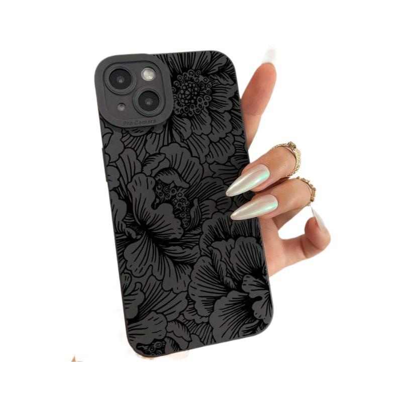 Matte Black Line Flower Sketch Protective Case for Apple 11/15 Pro Max/13