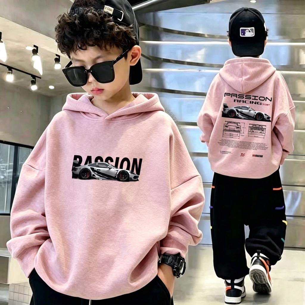 Kids Hoodie with Racing Car Print, Unisex Warm Pullover Hooded Sweatshirt, Boys Girls Oversized Long Sleeve Top Autumn Winter