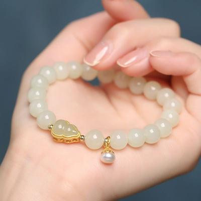 Natural Hetian Jade Gourd Bracelet White Jade9Silver Pearl Bracelet with Round Beads, a Gift for Girlfriend or Best Friend