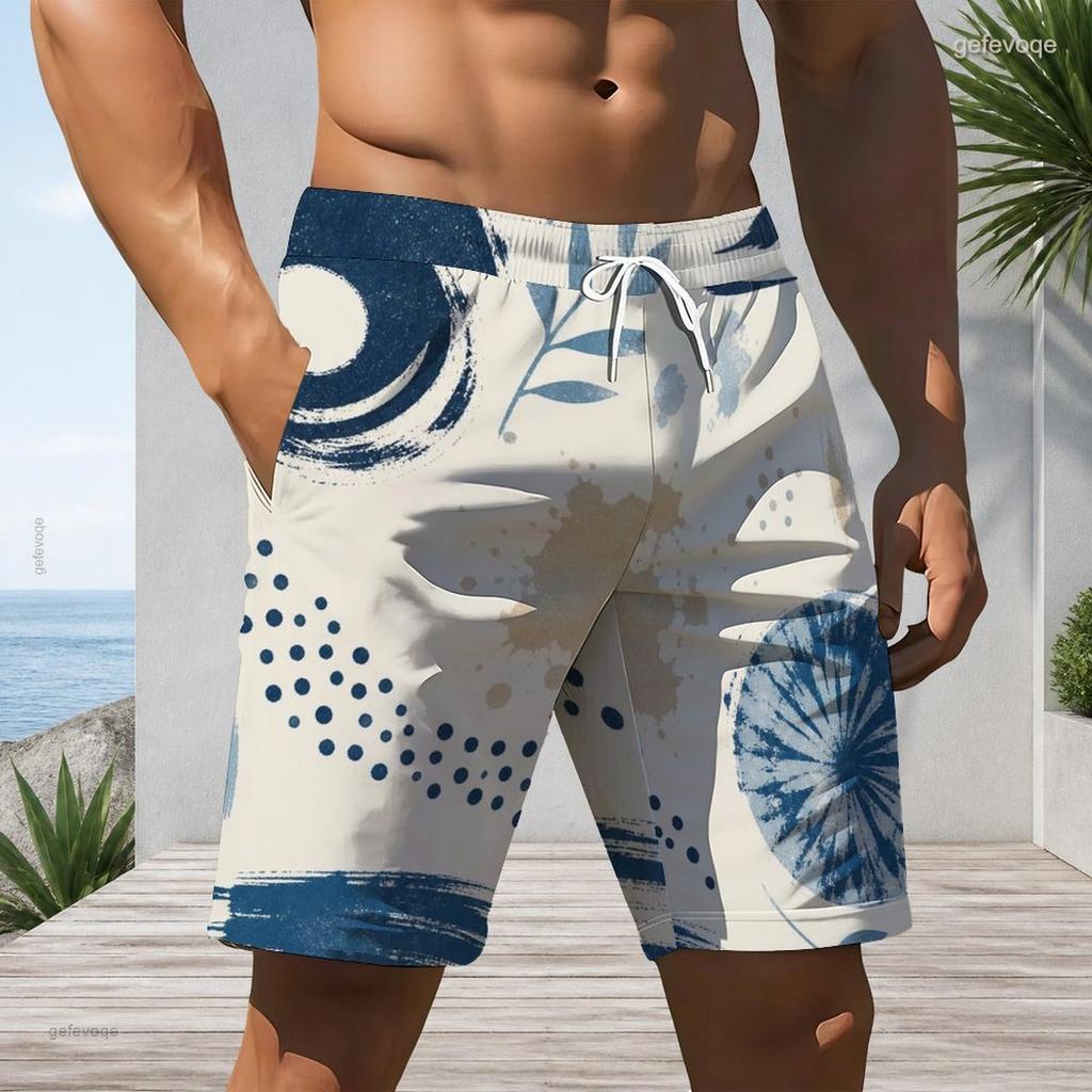 Men s Plus Size Abstract Printed Beach Shorts Drawstring Waist Side Pockets Straight Leg