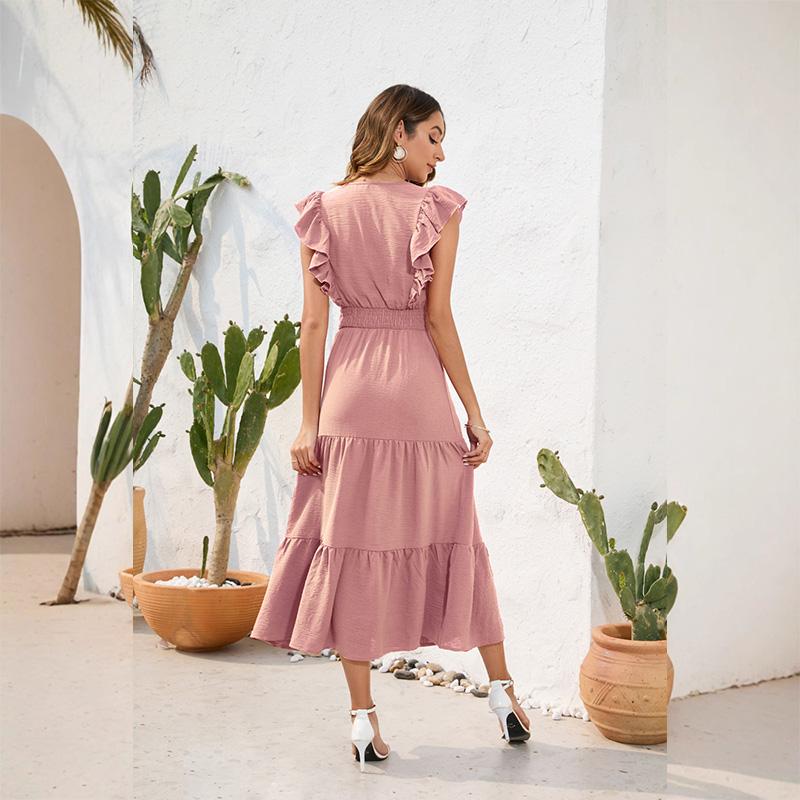 Women's V-Neck High Waist Tiered Ruffle Maxi Dress Casual Smocked Beach Vacation Long Dress