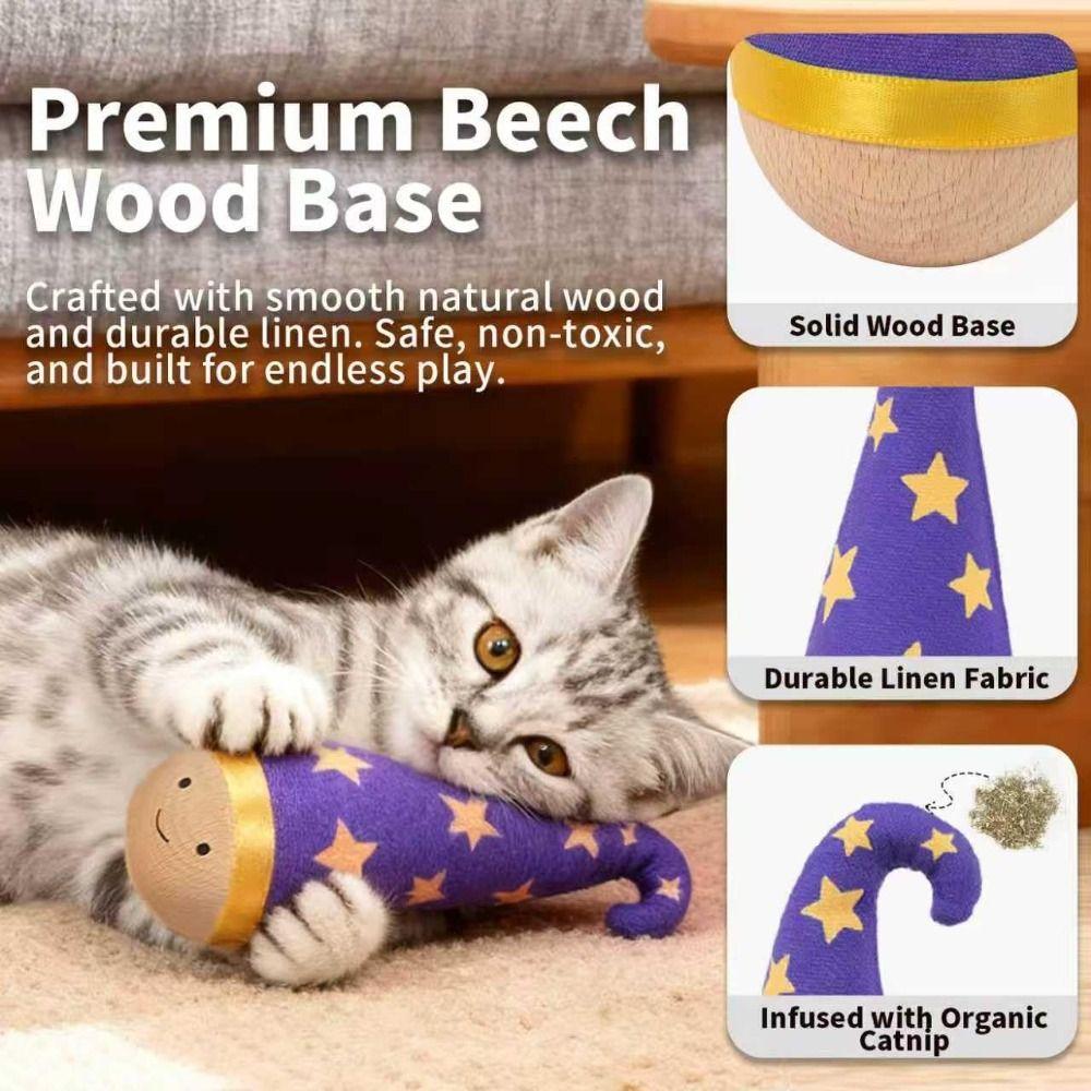 Wooden Cat Interactive Toy Self-Balancing Playing Teasing Cat Teaser Toy Funny with Orange Feather Pet Tumbler toy Pet Supplies