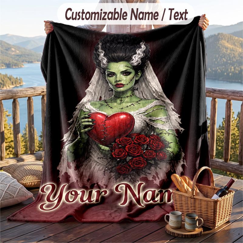 Custom Text Flannel Throw Blanket, Lightweight Cozy Bed Sofa BlanketBride of Frankenstein