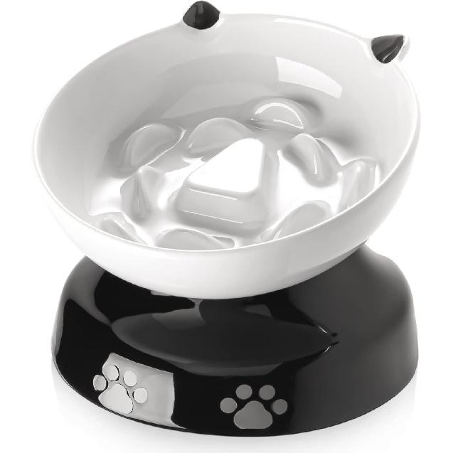 Y YHY Ceramic Cat Slow Feeder, Elevated Dog Food Bowl Tilted Design, Slow Feeder Bowl No Black Chin, Cat Shape for Dry and Wet Food