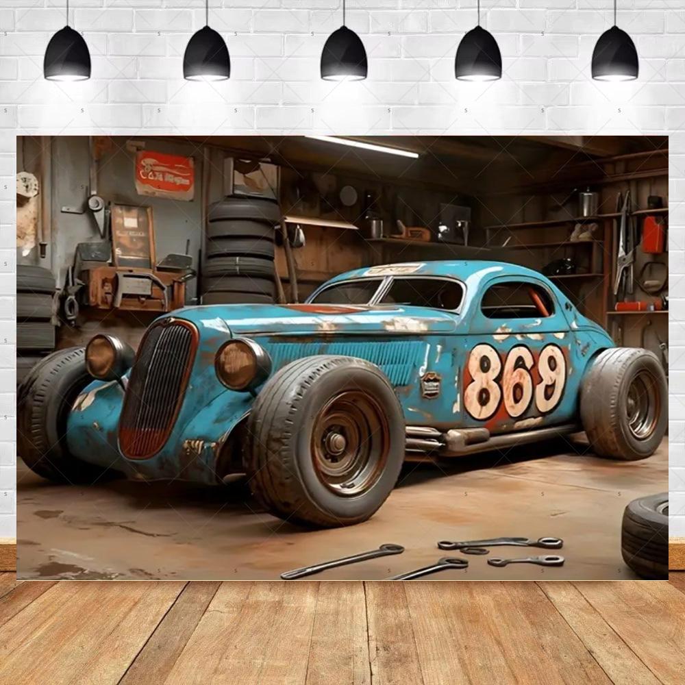 Bannière de Fond de Voiture Chaude Vintage Décoration de Fête Toile de Fond de Garage Classique Fournitures Style Industriel Pneu Outil Accessoire de Photographie