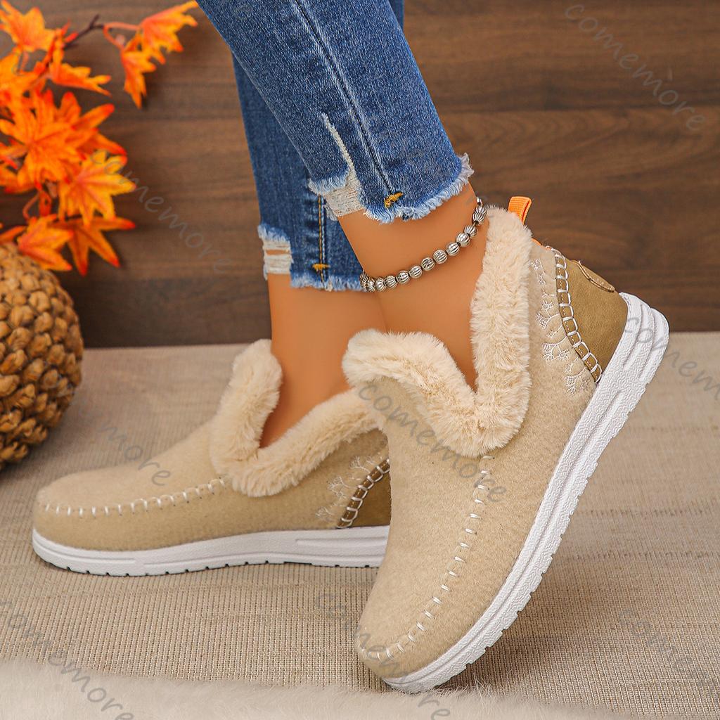Fashion Comemore Winter Flats for Women Thick-soled Snow Boots Female Padded Thickened Fur Warm Large Size Casual Women's Cotton Shoes