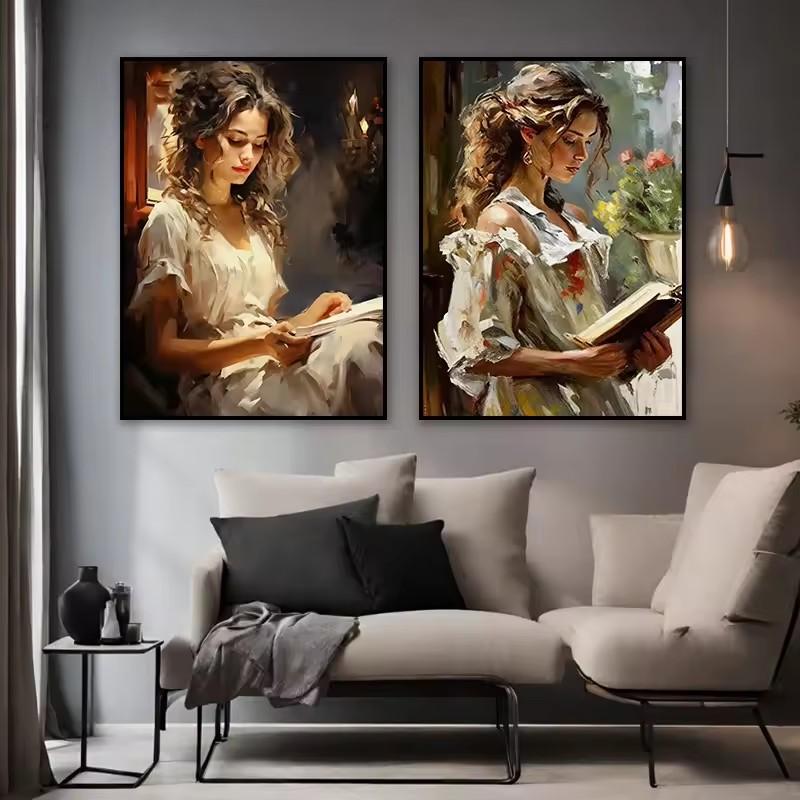 Vintage Read Elegant Girl Book Lovers Poster Women Portrait Oil Painting On Canvas Painting Wall Art Picture for Room Home Decor