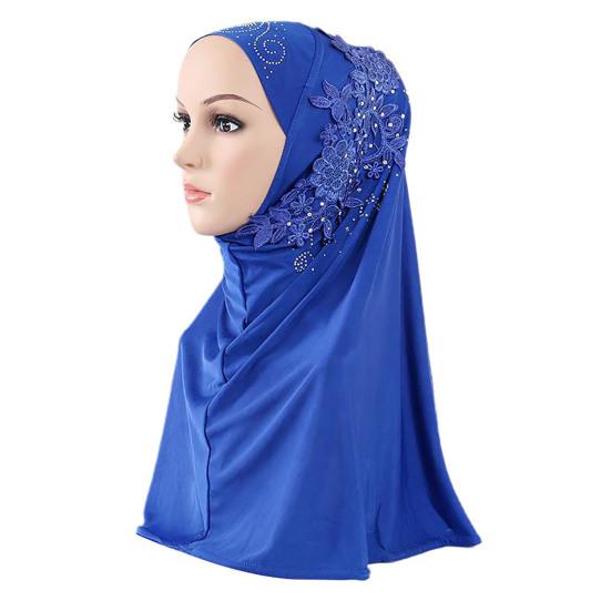 Women Solid Color Lace Rhinestone Muslim Hijab Wrap Islamic Scarf Cap Head Cover
