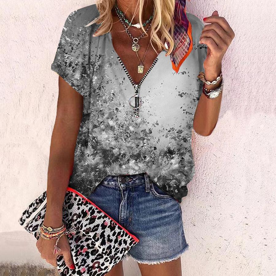 Women's Top Summer New Fashion Rose Flower Rendering Flowers Printed Casual Zipper V-neck Short Sleeve Top